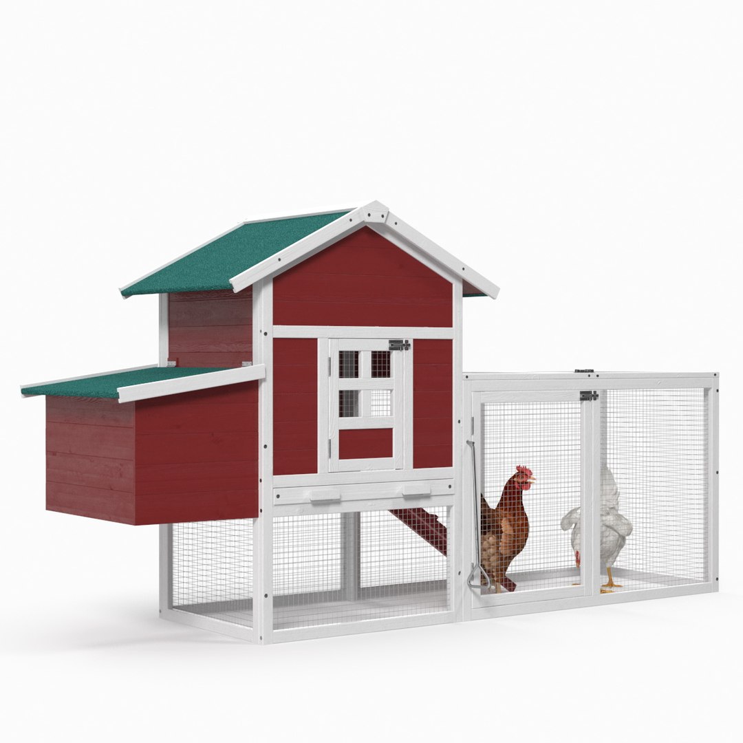 Red Small Chicken Coop with Chickens 3D model preview