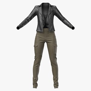 Leather Jacket and Pants Female 1v PBR 3D model
