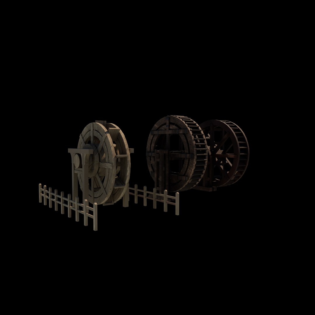 3D wooden water wheels set 3D model https://p.turbosquid.com/ts-thumb/vn/kgu89Q/Ne/woodenwaterwheelsset1/jpg/1765588711/1920x1080/fit_q87/5b18a044fa0346ba85c4f402caa6e2750bd89302/woodenwaterwheelsset1.jpg