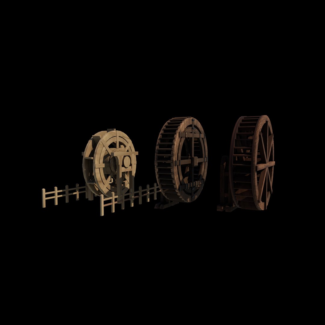 3D wooden water wheels set 3D model https://p.turbosquid.com/ts-thumb/vn/kgu89Q/sn/woodenwaterwheelsset2/jpg/1765588711/1920x1080/fit_q87/f9cc0cd04f32b83df1d8bbc4a23a2ff3f660d167/woodenwaterwheelsset2.jpg