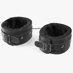 3D leather handcuffs black fur model