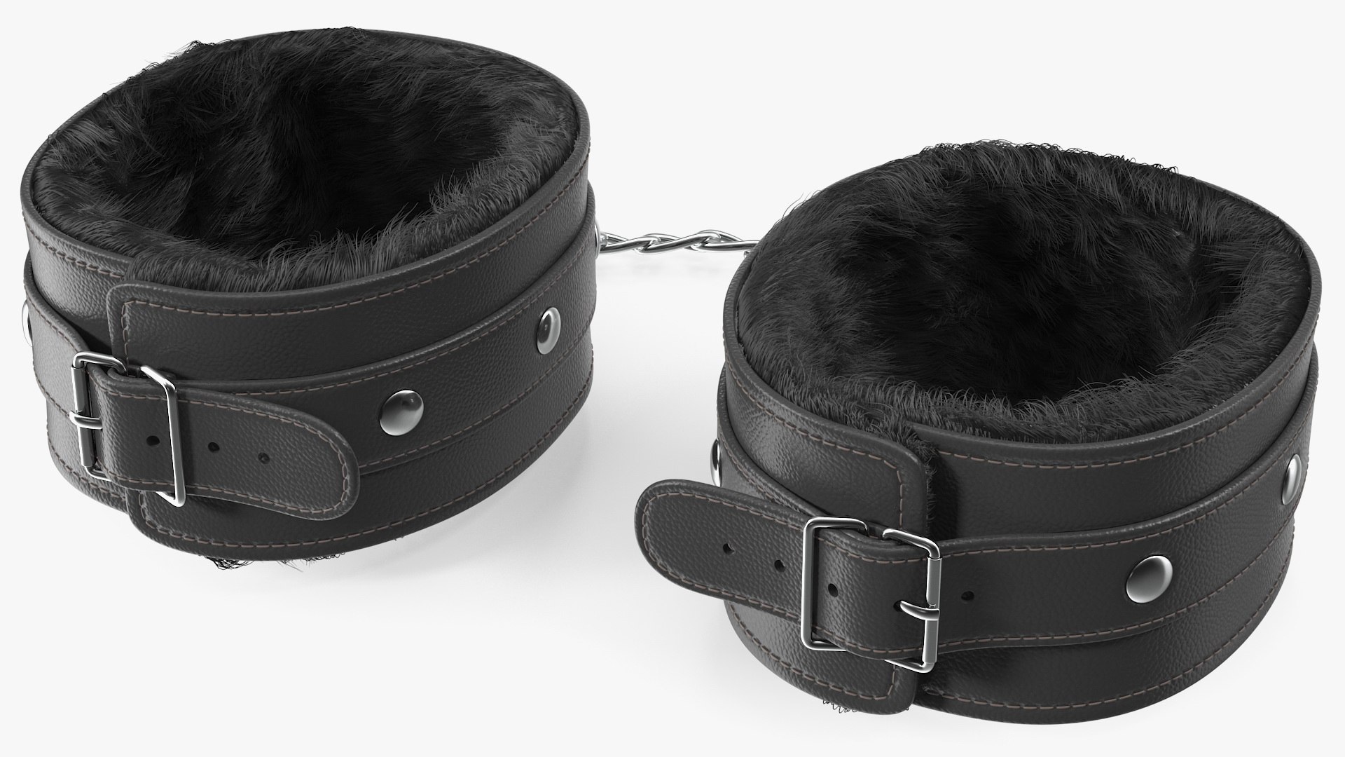 Leather Handcuffs Black with Fur 3D model preview