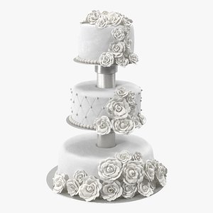 White Three Tier Wedding Cake with Roses 3D model
