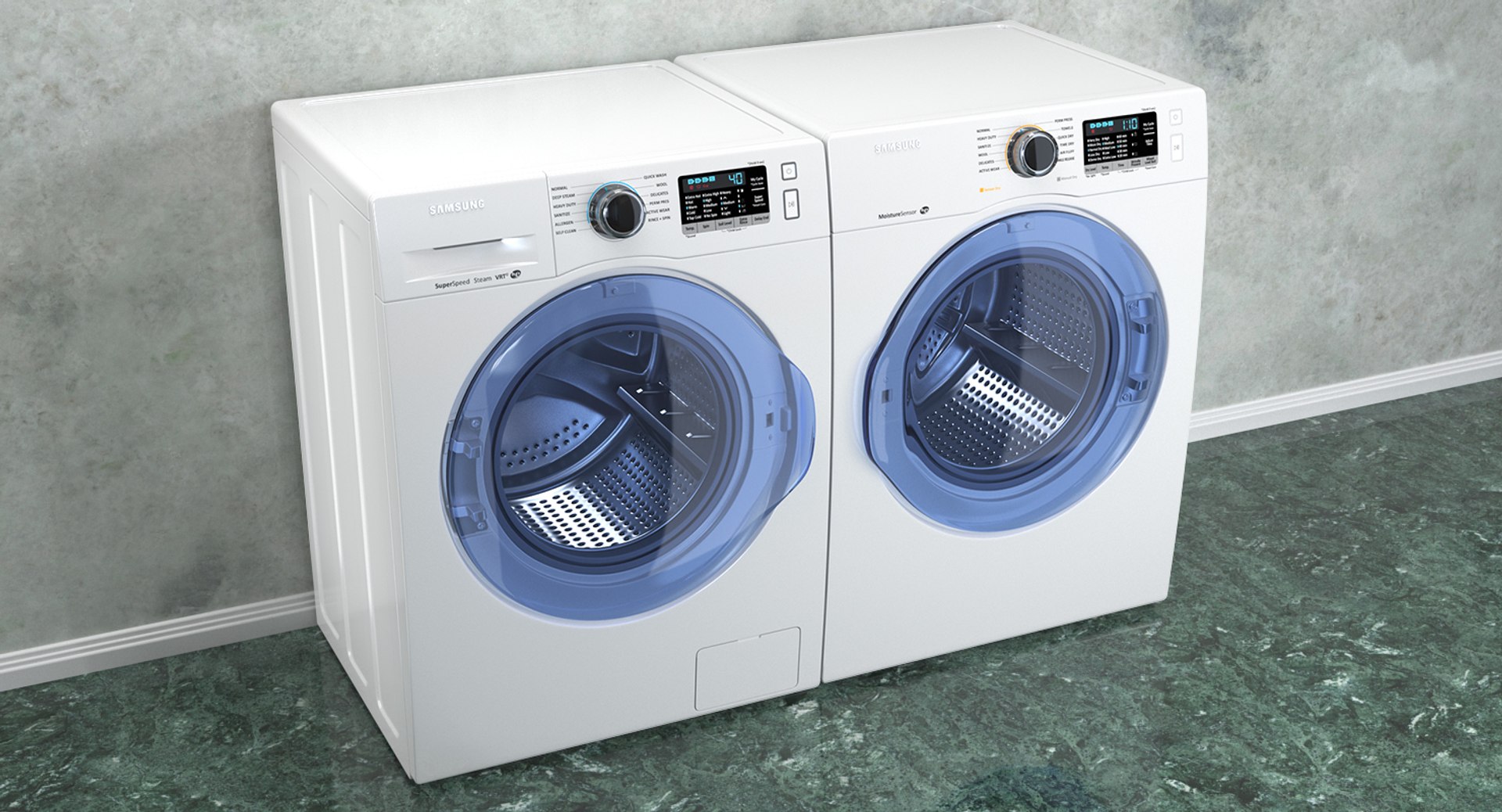 Front Load Washing Machine and Dryer Samsung White 3D Model 3D model preview