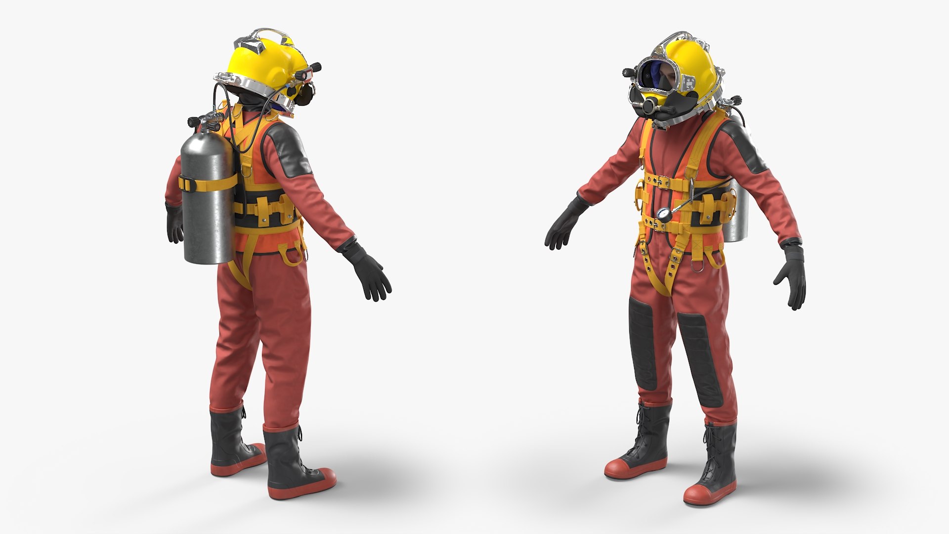 Offshore Diving Suit with Equipment on Man 3D model preview