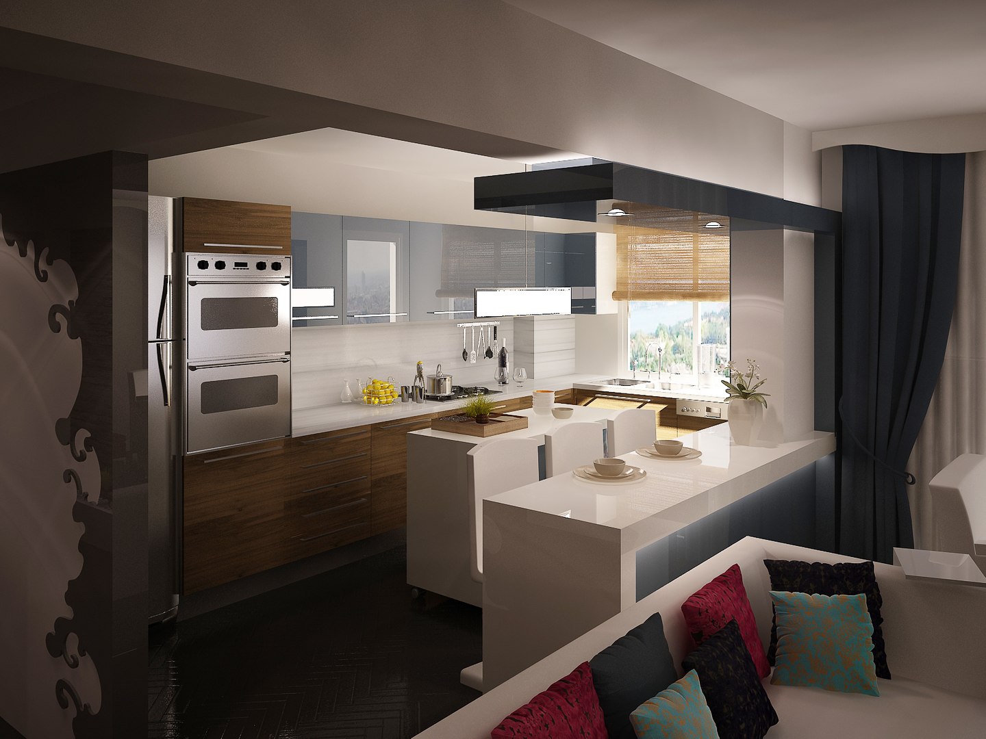 maya modern living room kitchen interior