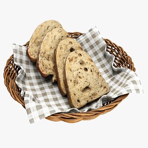 3D model Wicker basket with napkin and slices of bread