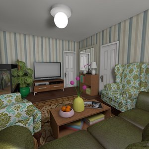 Cartoon Living Room With Animated Aquarium and Animated Grandfather Clock