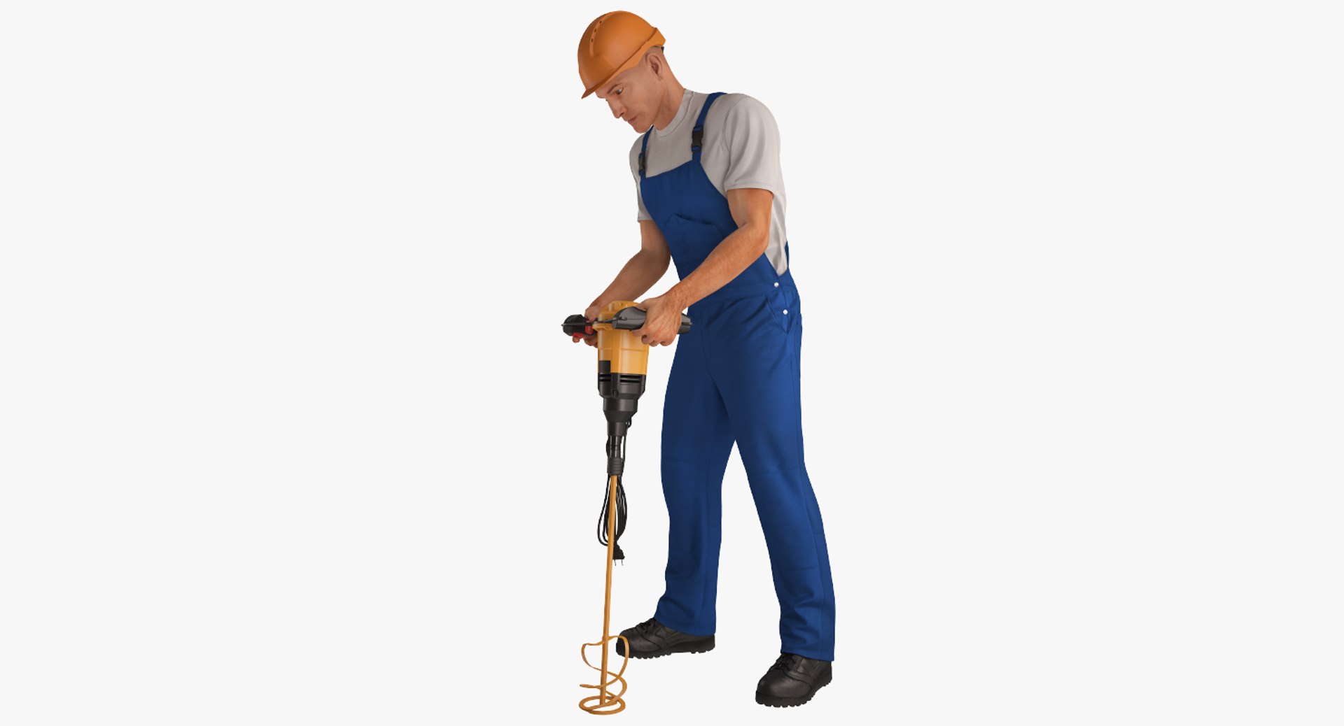 Construction Worker with Hand Held Concrete Paddle Mixer Rigged for Cinema 4D 3D Model 3D model preview