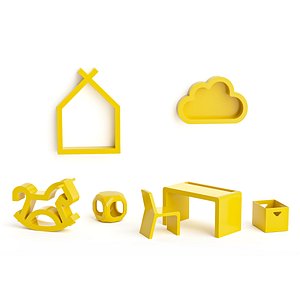 Yellow Kids Furniture Set Desk Chair Shelves Rocking Horse 3D model