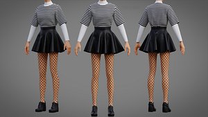 3D Stripes Shirt Leather Skirt and Tights Grunge clothing - Y2K Fishnet Outfit