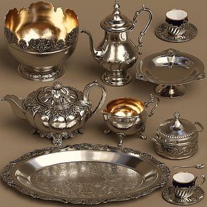 3D Silver service set (9 lowpoly items)