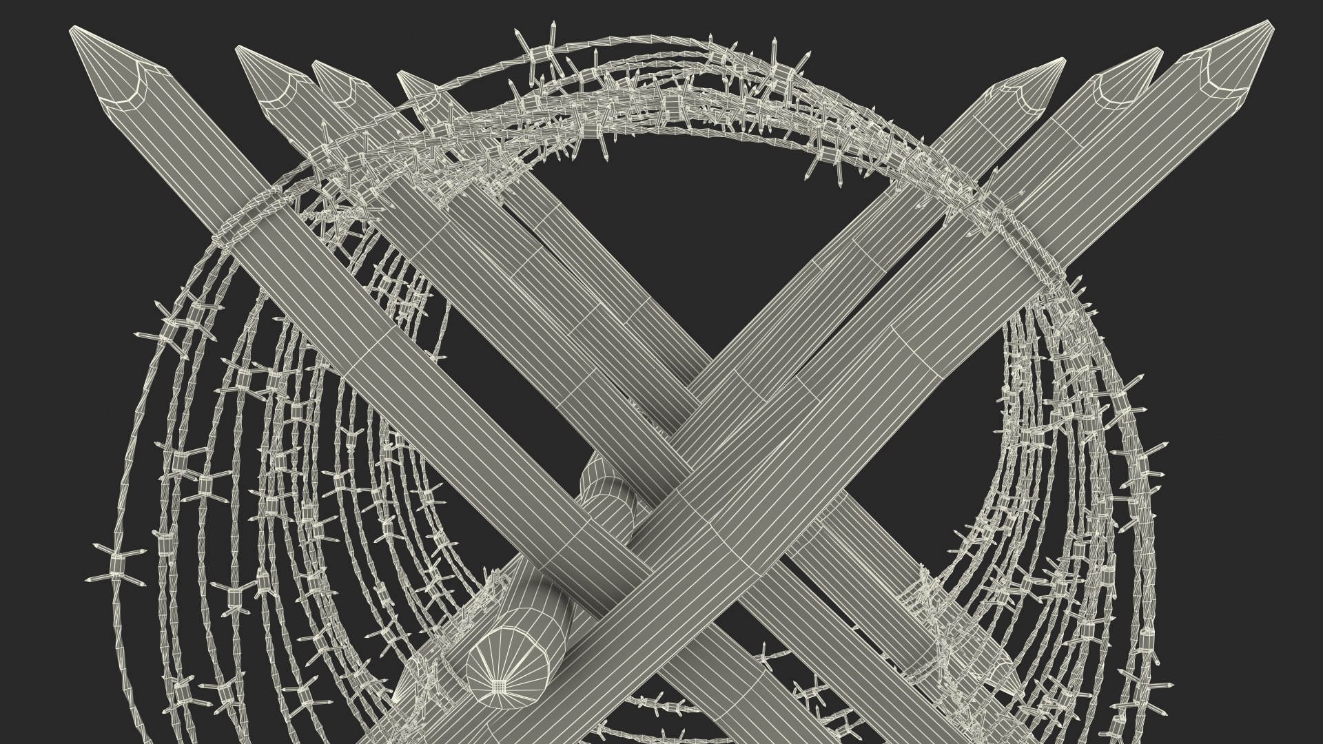 Cheval de Frise Barbed Wire Fence Old 3D https://p.turbosquid.com/ts-thumb/w0/3dVk2o/Ra/chevaldefrisebarbedwirefenceoldc4dmodel034/jpg/1617735908/1920x1080/fit_q87/f5581bf616b4f8928a69df1122d65c5e893d6241/chevaldefrisebarbedwirefenceoldc4dmodel034.jpg