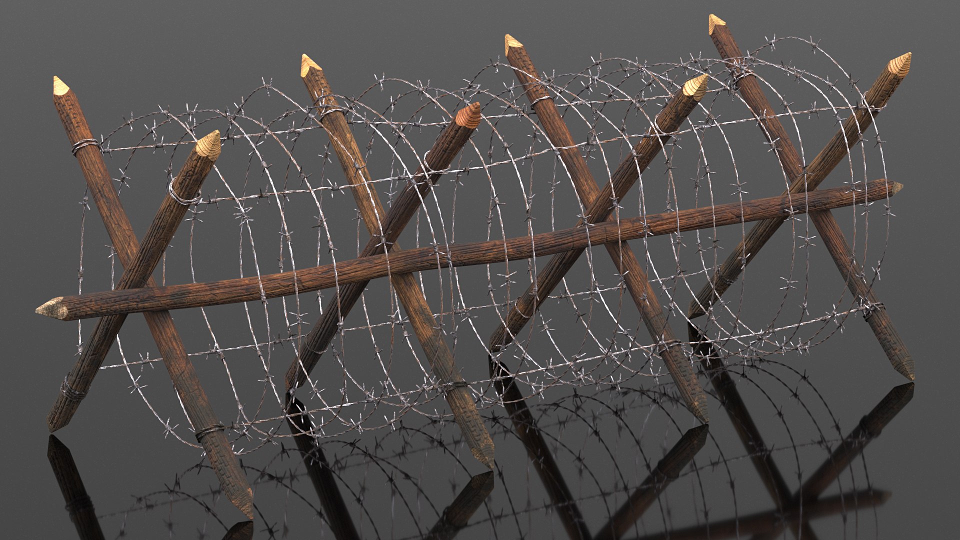 Cheval de Frise Barbed Wire Fence Old 3D https://p.turbosquid.com/ts-thumb/w0/3dVk2o/cy/chevaldefrisebarbedwirefenceoldc4dmodel005/jpg/1617735650/1920x1080/fit_q87/4f601a54b47e77307e888395c6ea45fedf1d3a2c/chevaldefrisebarbedwirefenceoldc4dmodel005.jpg