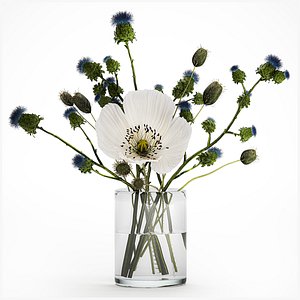 3D Bouquet Of White Wild Flowers Poppy Thistle Thorn 452 model
