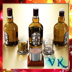 Chivas Regal Bottle, Glass and Coasters Collection.