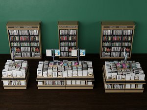 Inside a modern bookstore  bookshelves and display tables 3D