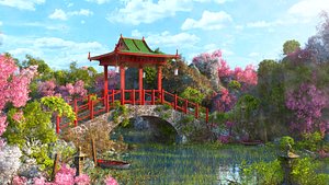 3D Asian Bridge Landscape