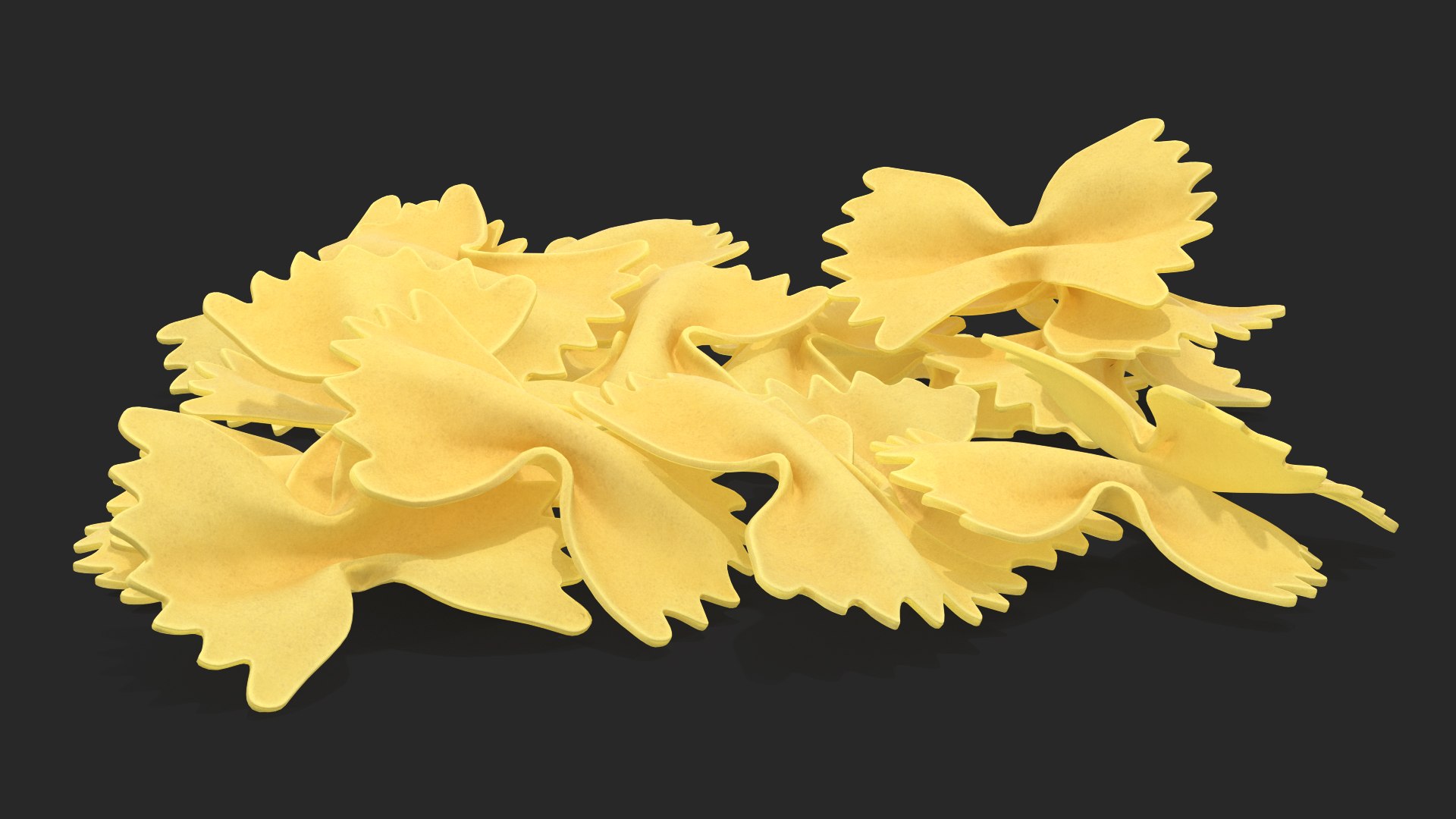 3D farfalle pasta model https://p.turbosquid.com/ts-thumb/w7/RaM9Pe/CmgMBdN9/farfallepasta3dsmodel002/jpg/1581530491/1920x1080/fit_q87/a4fe1fdd24413321b37b99f3d181ec764f4a7fa0/farfallepasta3dsmodel002.jpg