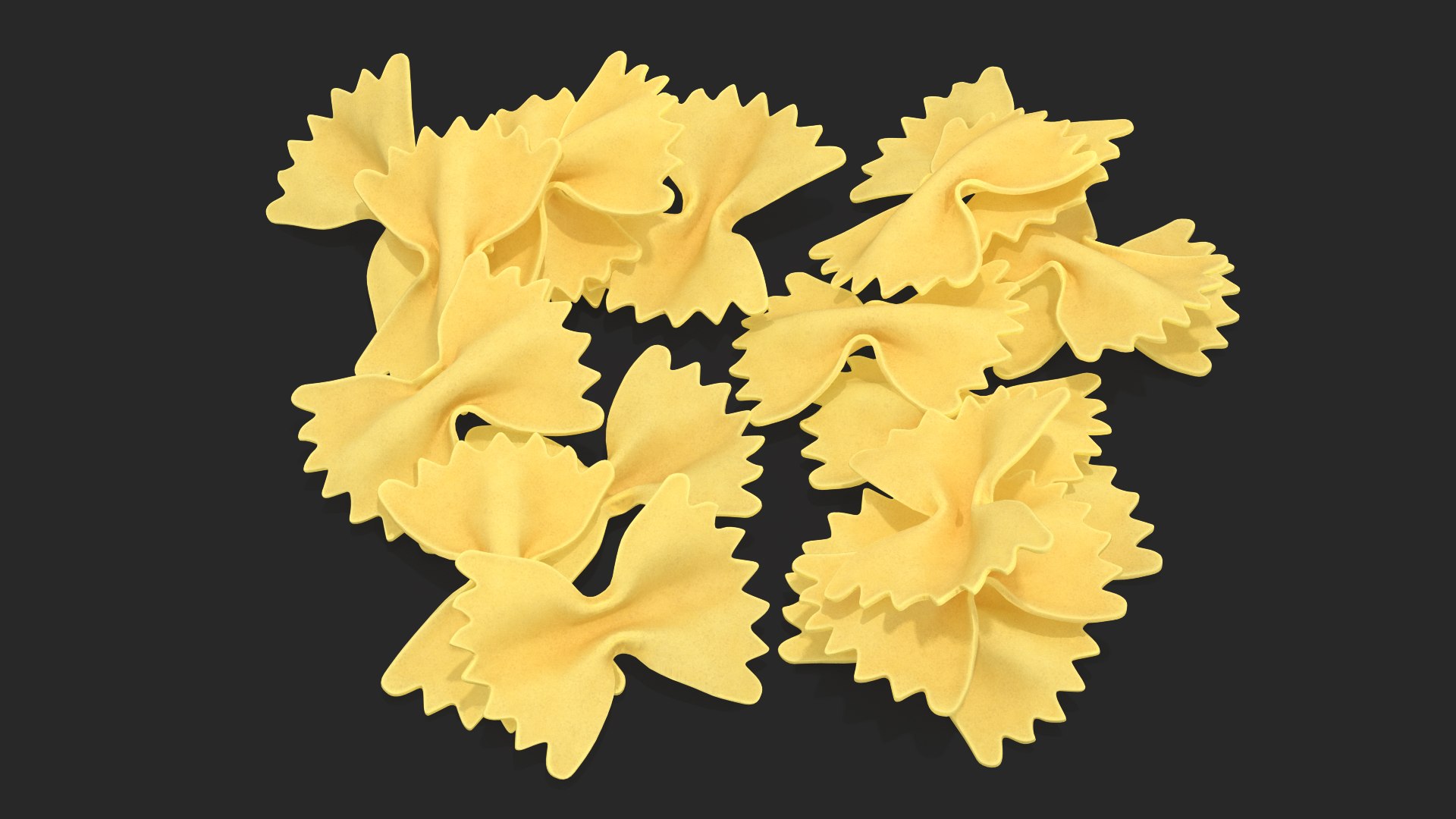 3D farfalle pasta model https://p.turbosquid.com/ts-thumb/w7/RaM9Pe/T30kIHB0/farfallepasta3dsmodel004/jpg/1581530503/1920x1080/fit_q87/05d15e82a62ca748833da215a94af8795b61f676/farfallepasta3dsmodel004.jpg