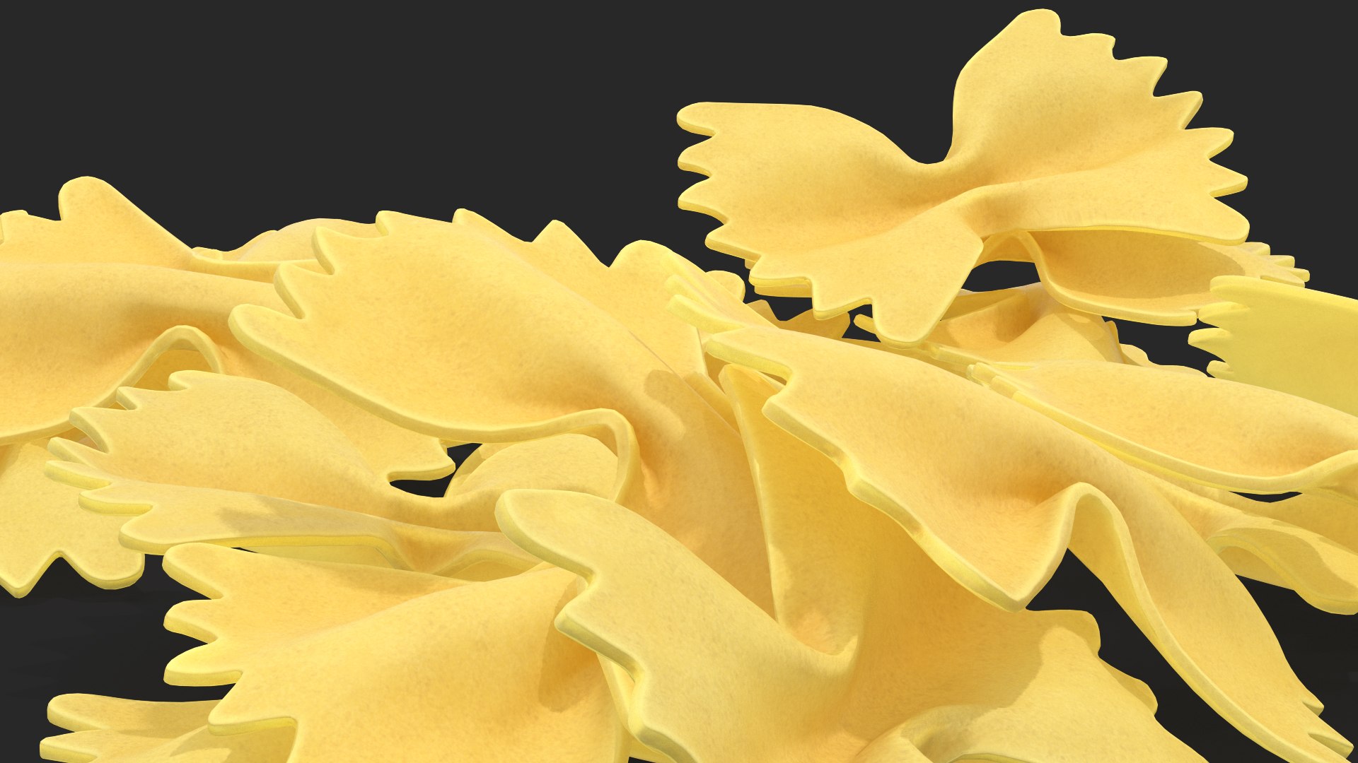 3D farfalle pasta model https://p.turbosquid.com/ts-thumb/w7/RaM9Pe/V57VzeEV/farfallepasta3dsmodel009/jpg/1581530536/1920x1080/fit_q87/6bcd3399992cce1730247abe421380bc6ffb02f6/farfallepasta3dsmodel009.jpg