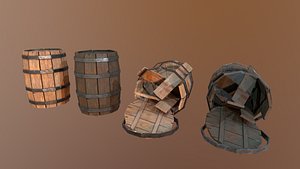 Collection of various wooden barrel Low-poly 3D model