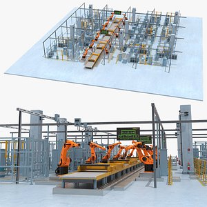 Industrial Vehicle Production Conveyor System Rigged for Cinema 4D
