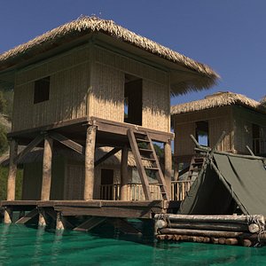 3D Overwater Bamboo Hut with Raft and Tent model