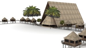 Tiki Hut & Lodge plus Palm Trees