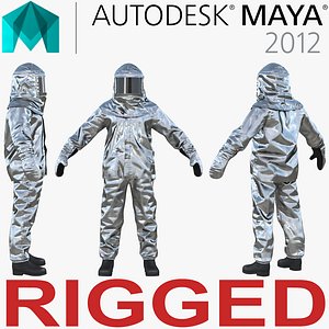 Firefighter Wearing Aluminized Chemical Protective Suit Rigged for Maya