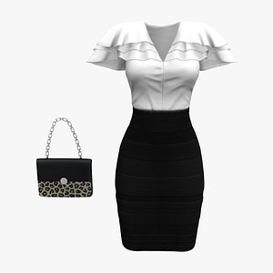 3D Elegant White Poncho Top Black Pencil Skirt Handbag Outfit