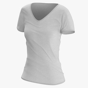 3D T Shirt Worn Female V Neck Pose 02 White Blank and Banded Heather