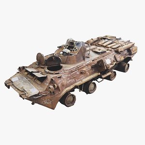 Destroyed BTR-80 burnt down wheeled amphibious armoured personnel carrier