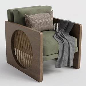 3D Modern Armchair Wooden Frame Rattan Lounge Chair 3D Model model