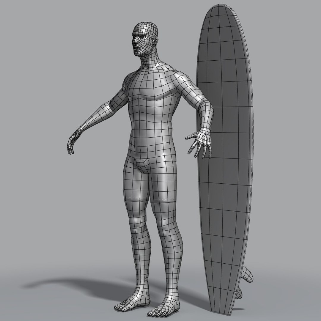 3d model surfer wetsuit surfboard