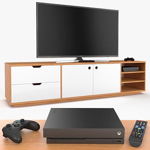 3D model Flat Screen TV with Game Console on Storage Unit White