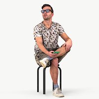 Sitting Observer Young Man in Casual T-shirt and Shorts