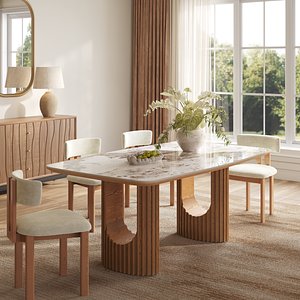 3D Modern Stone Dining Table with Wooden Dining Chairs Complete Dining Set model