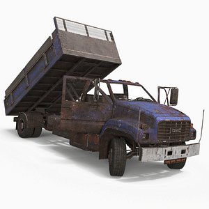 3D GMC TopKick Flatbed Truck with Corroded Panels Blue Old Rigged for Maya