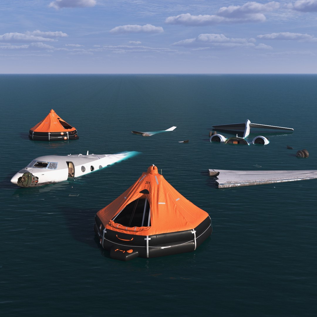 Crashed Jet Fuselage with Life Rafts 3D model preview