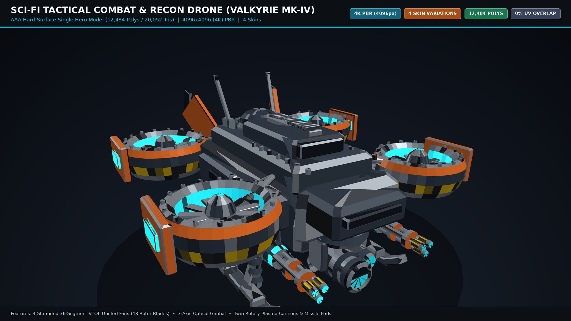 3D model Sci-Fi Tactical Combat  Recon Drone - 4K PBR 4 Skins https://p.turbosquid.com/ts-thumb/wO/x0LK2F/BI/02_product_shot_hero_valkyriedrone_1920x1080/png/1792238675/1920x1080/fit_q87/c304fa857be266c837d5d48771d41edc7fa83c59/02_product_shot_hero_valkyriedrone_1920x1080.jpg