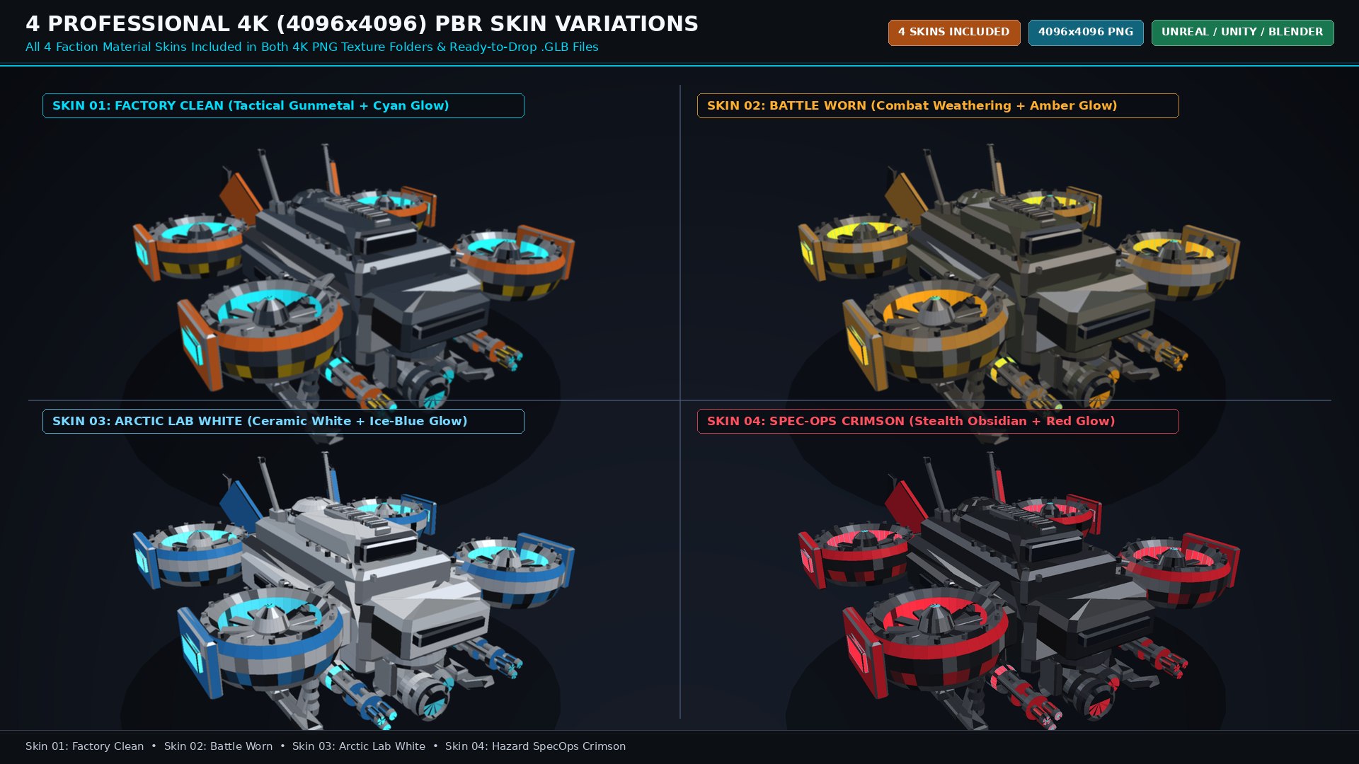 3D model Sci-Fi Tactical Combat  Recon Drone - 4K PBR 4 Skins https://p.turbosquid.com/ts-thumb/wO/x0LK2F/DG/03_product_shot_4_skin_variations_1920x1080/png/1792238676/1920x1080/fit_q87/6ad01df8ba4dc3ec8ffe36c2d2e423e633cba098/03_product_shot_4_skin_variations_1920x1080.jpg