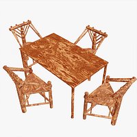 Textured Wood Dining Table with Sculpted Chairs 3d