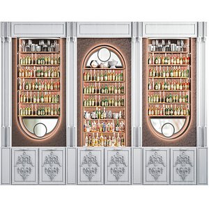 Rack in classic style with alcohol in a restaurant 3D
