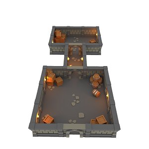 Low Poly Dungeon Barrels Boxes and Torches
