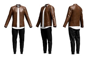 Mens Leather Jacket Outfit T-shirt and Jogger 3D model 3D model