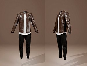 Mens Leather Jacket Outfit T-shirt and Jogger 3D model 3D model