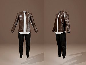 Mens Leather Jacket Outfit T-shirt and Jogger 3D model