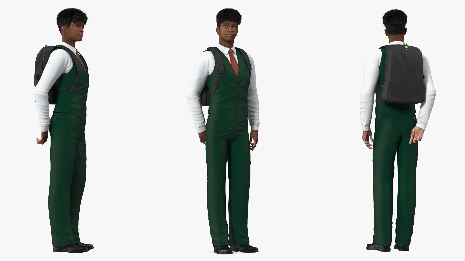 Black Teenager Light Skin School Uniform Standing Pose 3D model preview