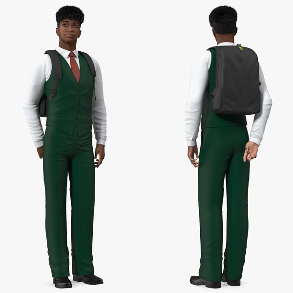 3D Black Teenager Light Skin School Uniform Standing Pose